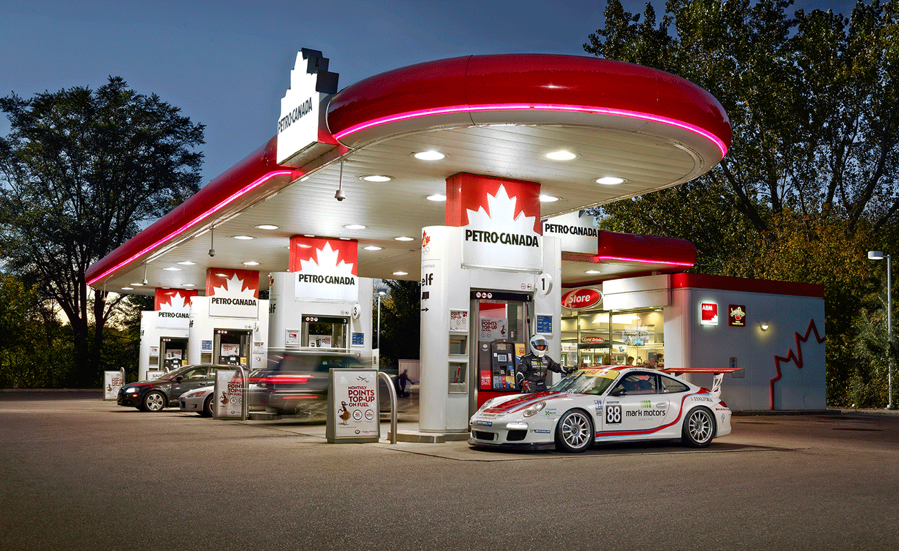 Porsche Race Car making Pit Stop at Petro Canada Pump